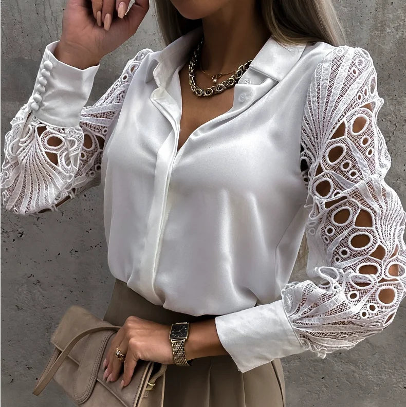 S-XXL Spring/Summer New Hot Selling Shirts Women's Lace Patchwork Shirt Hollow Out Long Sleeved Lapel Top