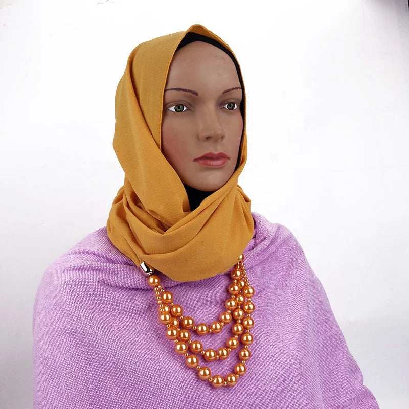 MIO Fashion Muslim Accessories Ladies Chiffon Head Scarf Necklace Scarf With Multi -Strands Pearl Beads