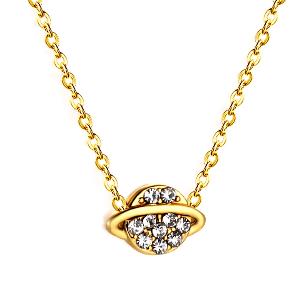 Ason Jewelry Fashion 18K Gold Plated Necklace Cute Stainless Steel Girl's Planet Pendant Necklace