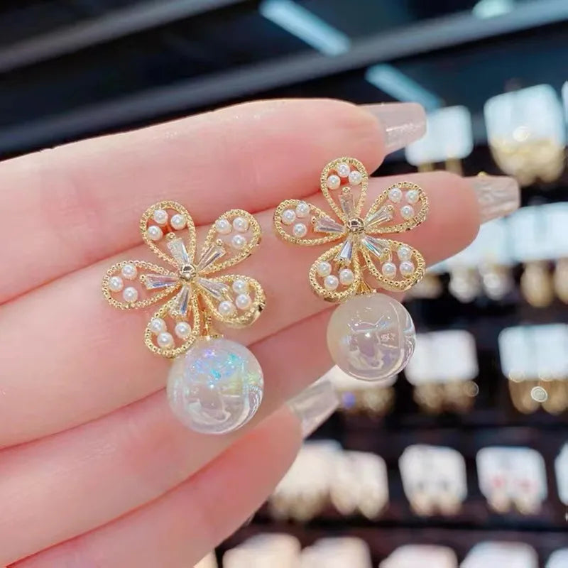 Real Gold Plated 925 Silver Needle Micro Inlaid Zircon Flower Pendant Shiny Water Drop Earring Flower Rhinestone Glitter Earring