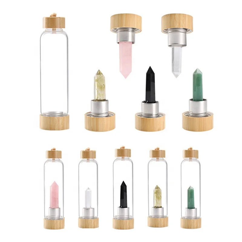 Luxury Healing Gemstone Elixir Chakra Gemstone Infused Crystal Energy Water Bottle Glass