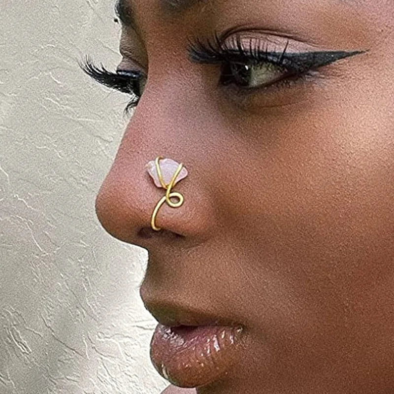 1Pcs Colorful Natural Crystal Stone Piercing Nose Ring Clip on Copper Wire Entangle Nose Rings Ear Clip Cuffs Body Jewelry