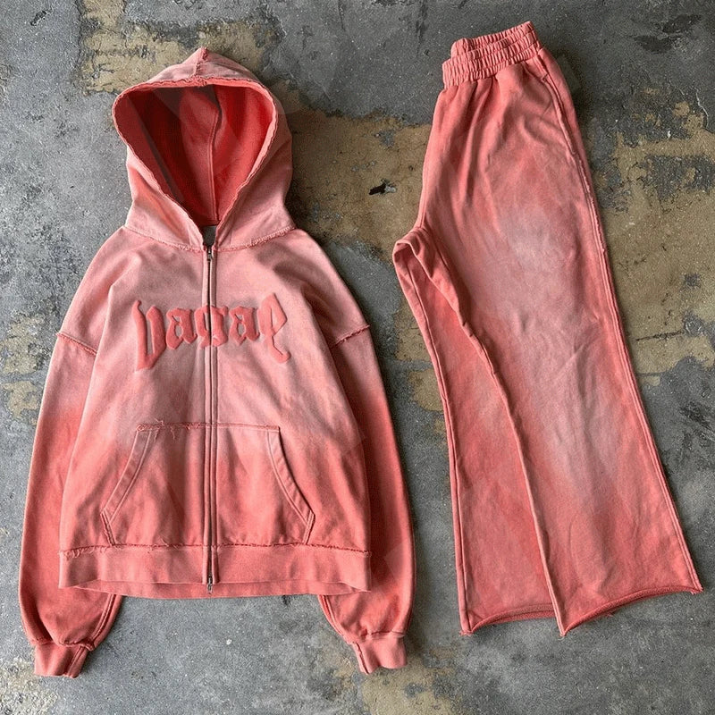 Oem Custom Puff Print Logo Sun Faded Zip up Hoodie Acid Wash Hoodies Vintage Distressed Flared Sweatpants and Jogger Hoodie Sets
