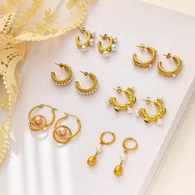 Wholesale Hoop Fashion Luxury Designer Stainless Steel Pearl Dangle Earrings Women Waterproof Jewelry Baroque Pearl Earrings