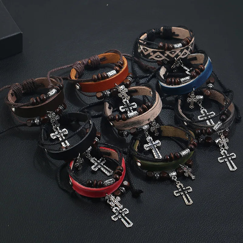Vintage Multilayer Leather Cross Bracelet Square Wooden Beads Trendy Pendant for Couples Party Gift Christian Religious Style
