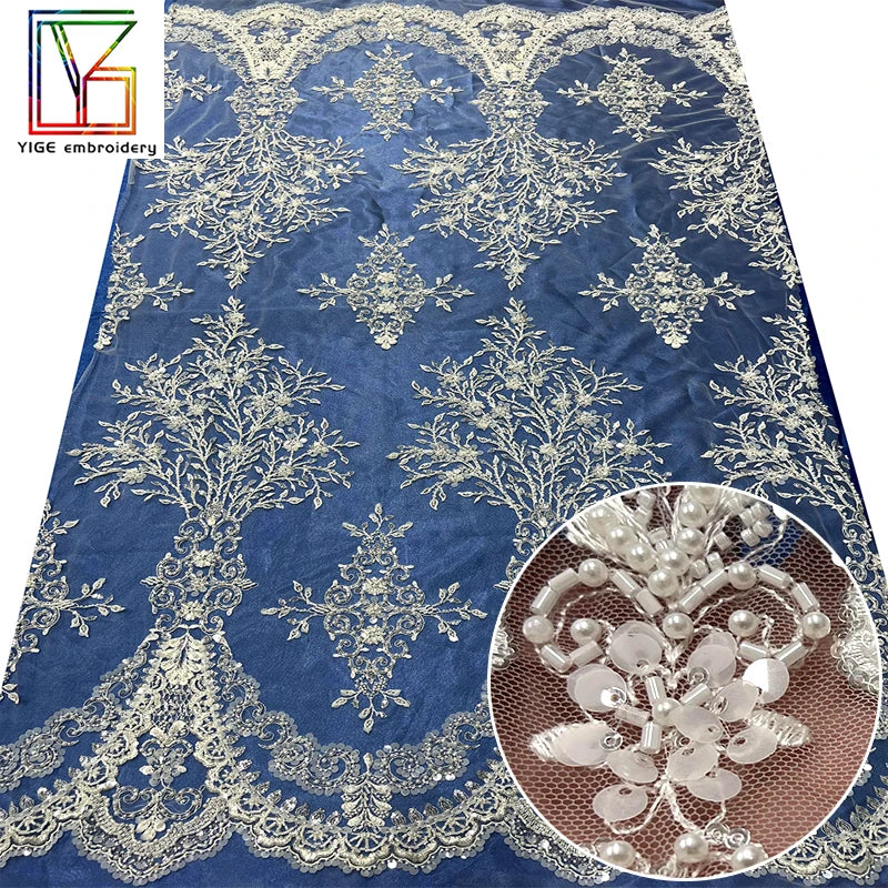 Luxury Embroidery Mesh Beads Sequins Lace Fabric French White Pearl Beaded Wedding Bridal Tulle Lace Fabric for Dresses Women