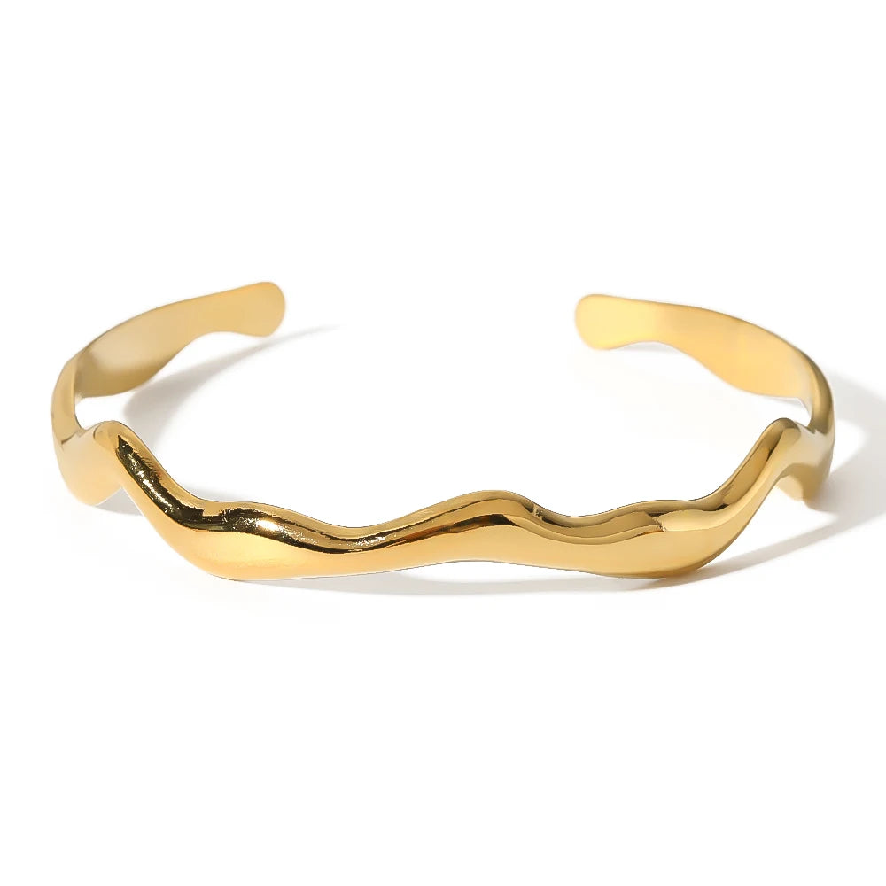 Non Tarnish Stainless Steel 18K Gold Plated Dainty Wave Design Adjustable Open Bangles for Women