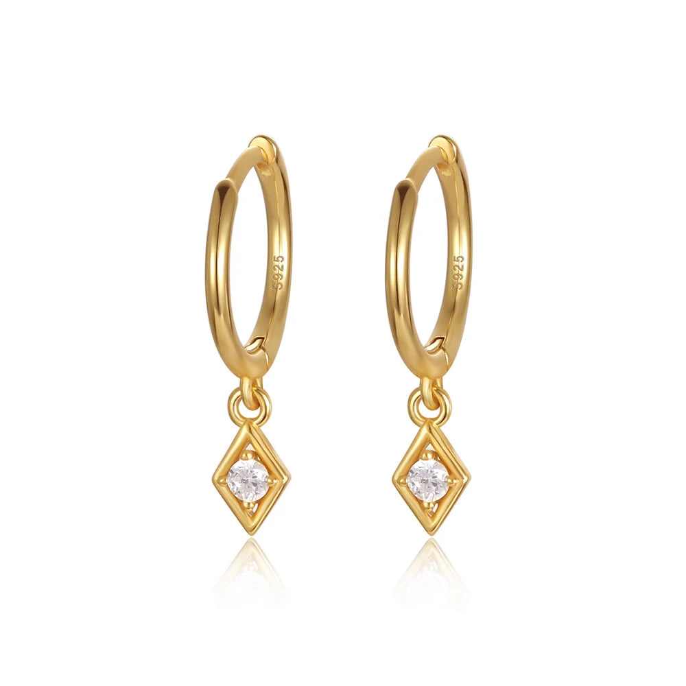 Mini Hoop Earrings Rhombus Huggie 925 Sterling Silver Dainty Crystal CZ Drop Pendant Small Round Cuff Stud Tiny Loops