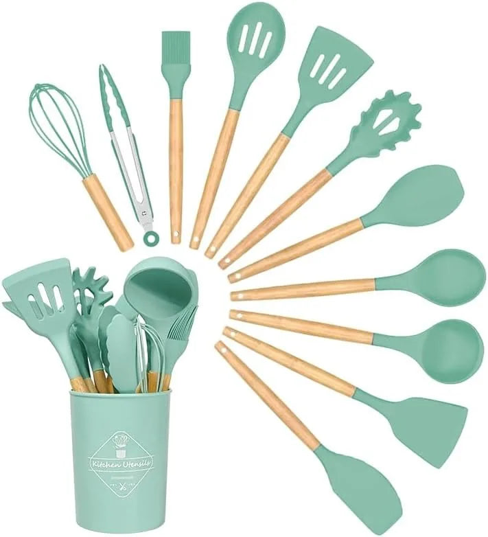Silicone Cooking Utensils Kit 12PCS Kitchen Utensils Spatula Sets Baking Cooking Egg Whisk Spatula Brush Cookware Set