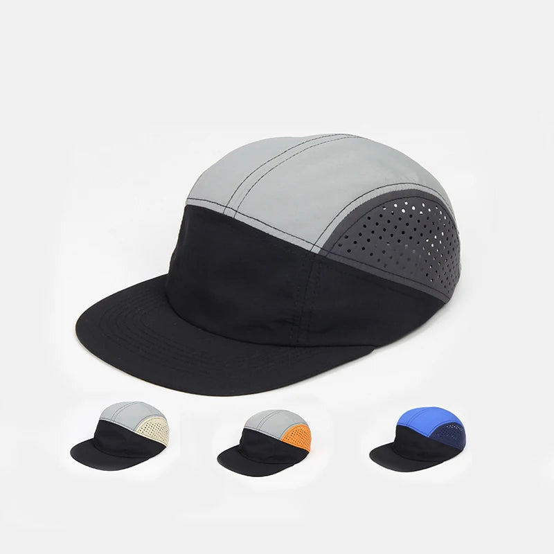 Wholesale Adjustable Nylon Five Panel Camp Caps Unstructured Laser Cut Hole Runner Camping 5 Panel Hats