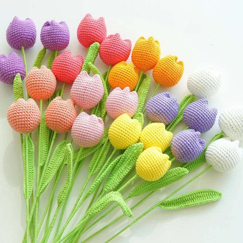 Hand-Knitted White Crochet Tulips Kids Gift Finished Knitting Artificial Tulip Flowers