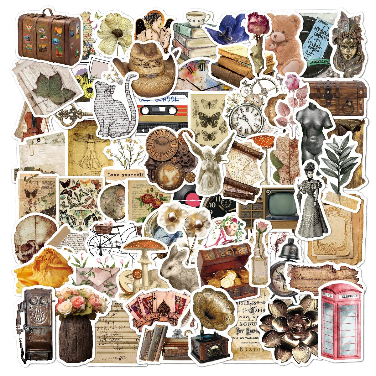Wholesale Cool 100Pcs Vintage Literature Art Decorative Stickers for Scrapbook Wall Vinyl Retro Thing Sticker
