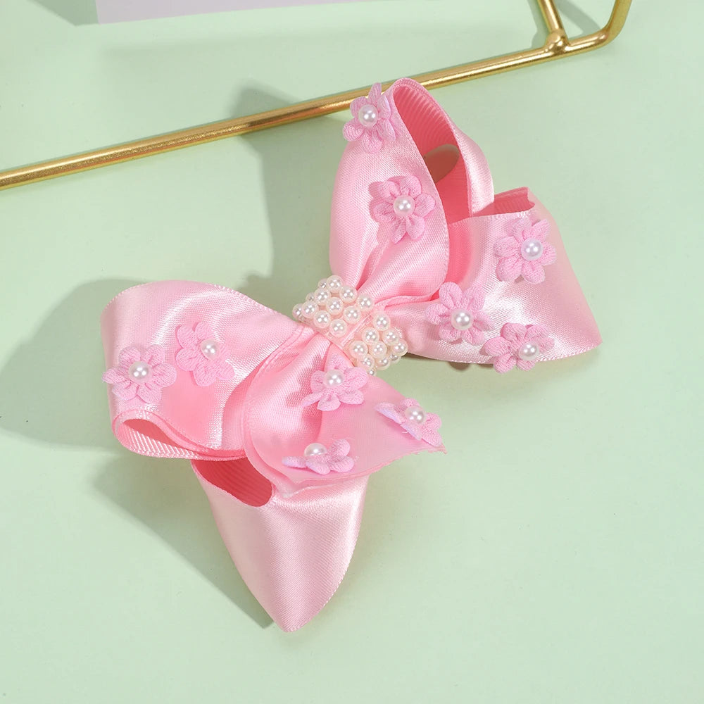 CN Sweet Pastel Satin Boutique Hair Bow Girls Mini Flower Pearl Hair Pins Princess Kids Satin Hair Clip