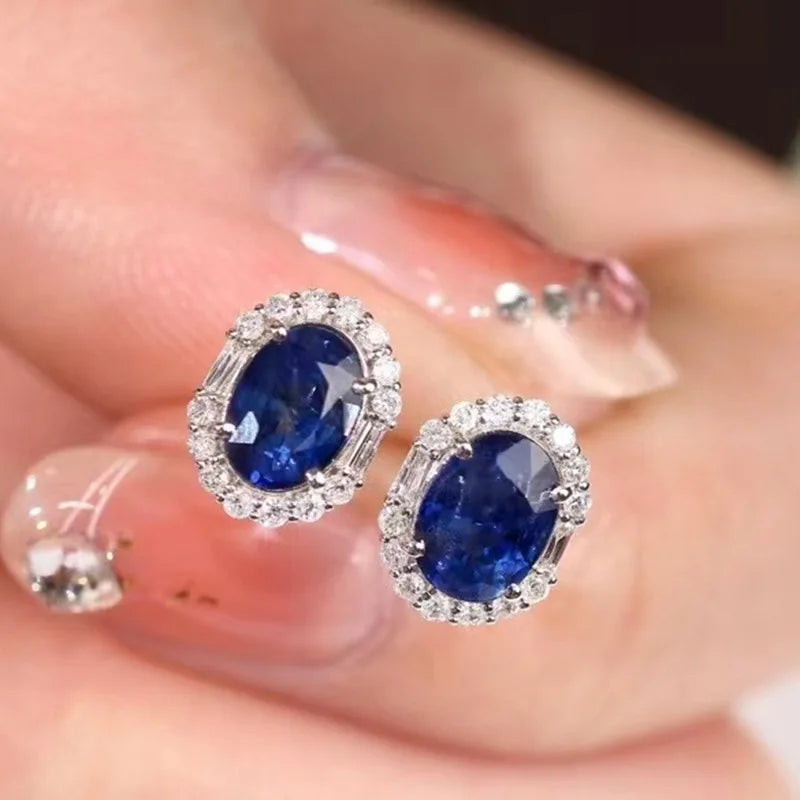 Aimgal NGTC Certified S925 Silver&18K Gold Plated Stud Earrings 2.3ct Leb Royal Blue Sapphire for Wedding & Engagement