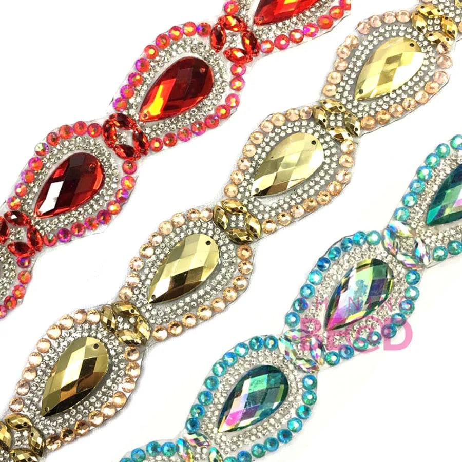 Hot Fix New Design Gold Diamond Rhinestone Trim Crystal Fancy Stone Chain Trimming Iron on for Dress/Carnival Costume