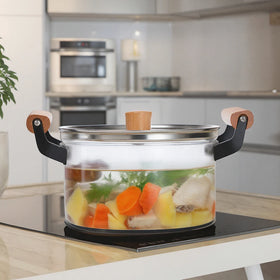 Classic 5.5 Quart Clear Glass Stock Pot with Wooden Handle Lid and Induction Bottom for Stove Cooking for Soup and Milk