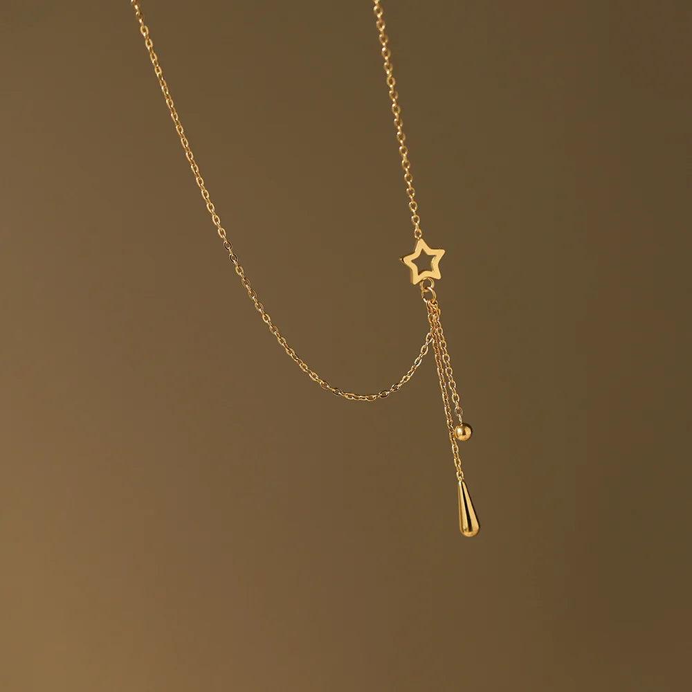 Premium 18K Gold Plated Stainless Steel Water Drop Tassel Necklace for Women Five-Pointed Star Link Chain Trendy Fashion Jewelry