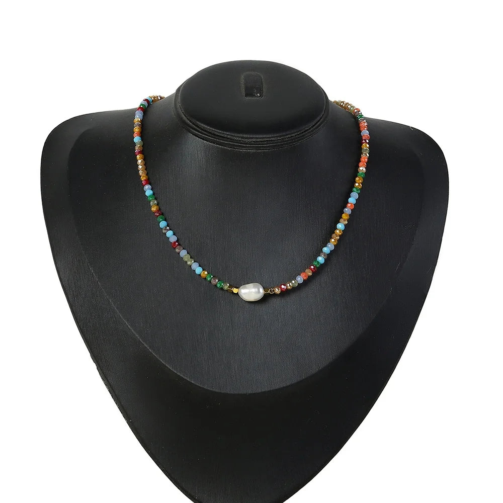 Wholesale Stainless Steel Jewelry clear Shot Glass Crystal Bead Fresh Water Pearl Pendant Choker Necklaces for Women Men