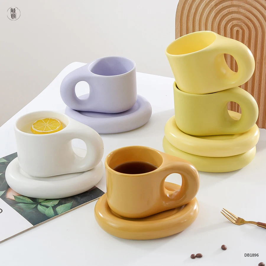 Wholesale logo Custom Printed Porcelain Tea Cup and Saucer Set Modern Handmade Gift Cute Fat Chubby Ceramic Coffee Mug