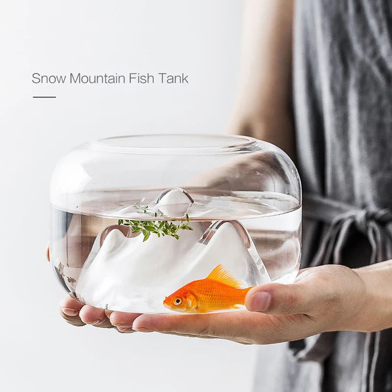 Creative Eco-Friendly Glass Fish Jar with Snow Mountain Pattern