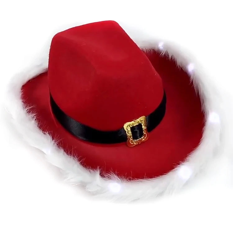 Customized Cowboy Party Decor LED Light Santa Hat Feather Red+white Belt Christmas Hat Non-woven Fabric Eco-friendly Recycle