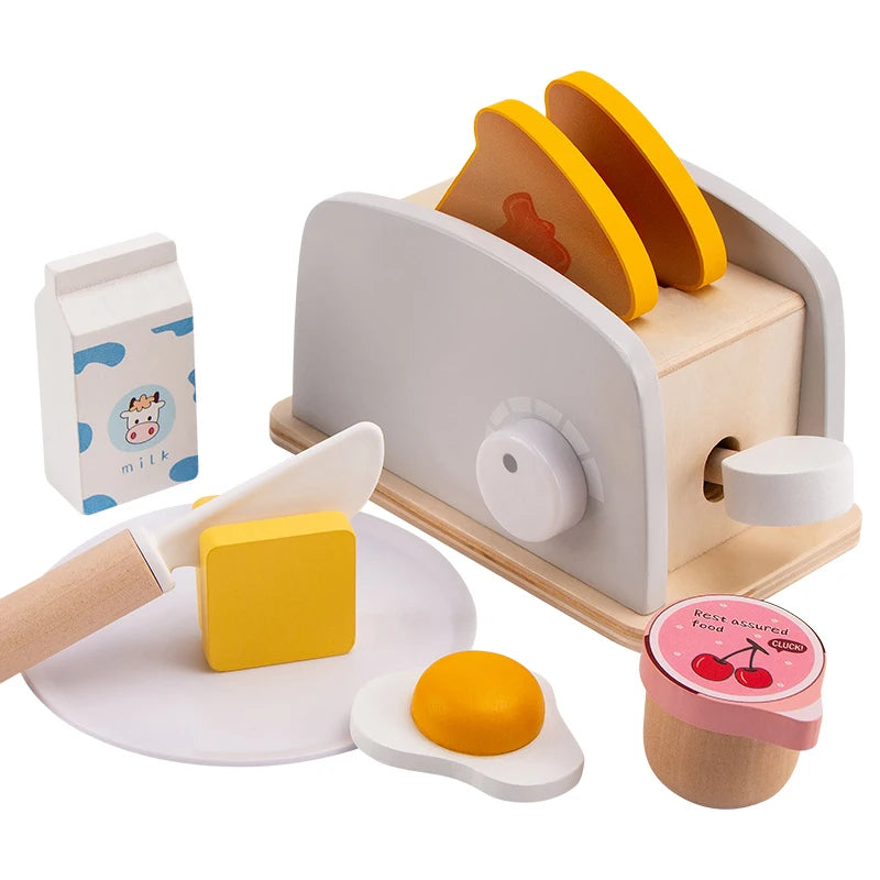High Quality Unisex Wooden Bread Maker Kitchen Toy Set Pink Bread Making Machine for Kids Boys and Girls