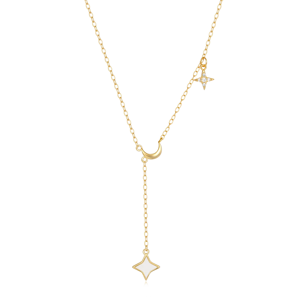 Fashion Jewelry Necklaces 925 Sterling Silver Star Moon Zircon Tassel Chain Drip Oil Gold Plated Necklace for Women