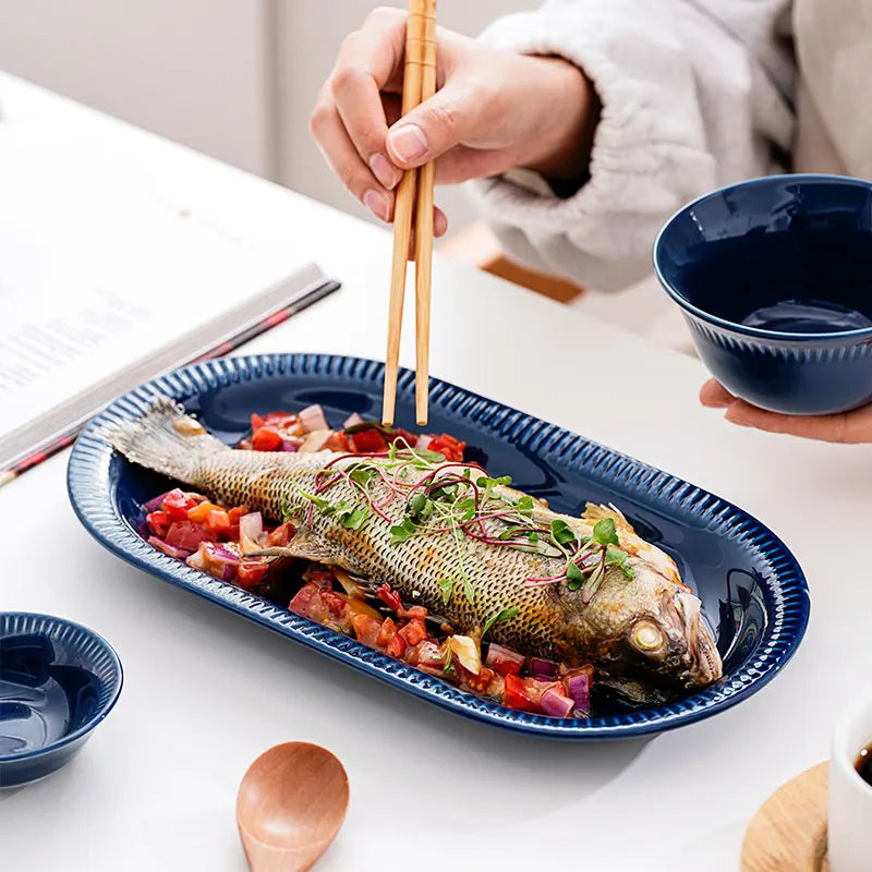 White and Blue 9 Inch 12 Inch Household Dinner Serving Dish Ceramic Oval Fish Plate Restaurant Tableware