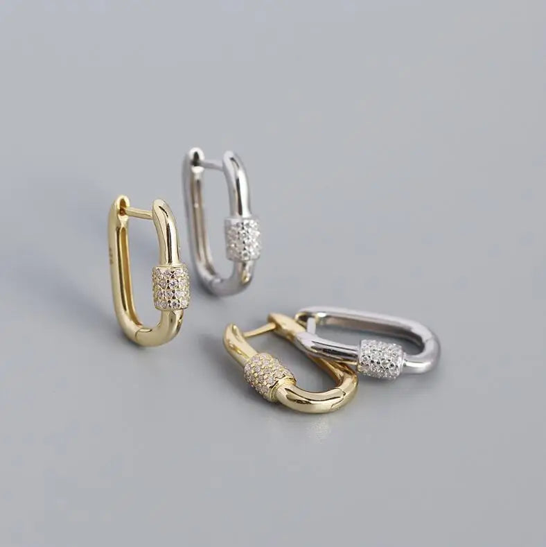 925 Sterling Silver Oval Flat Hoop Earrings Modern Diamond Pave U Shape Rectangle Square Earrings