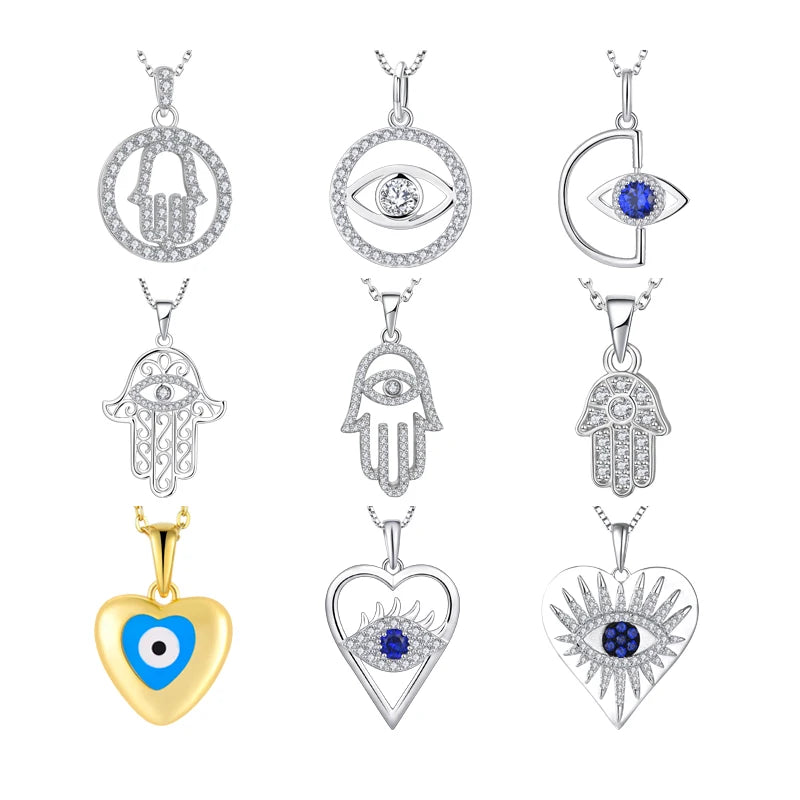 Wholesale 925 Sterling Silver Egyptian Eye Hamsa Hand of Fatima Shape Pendant Necklace
