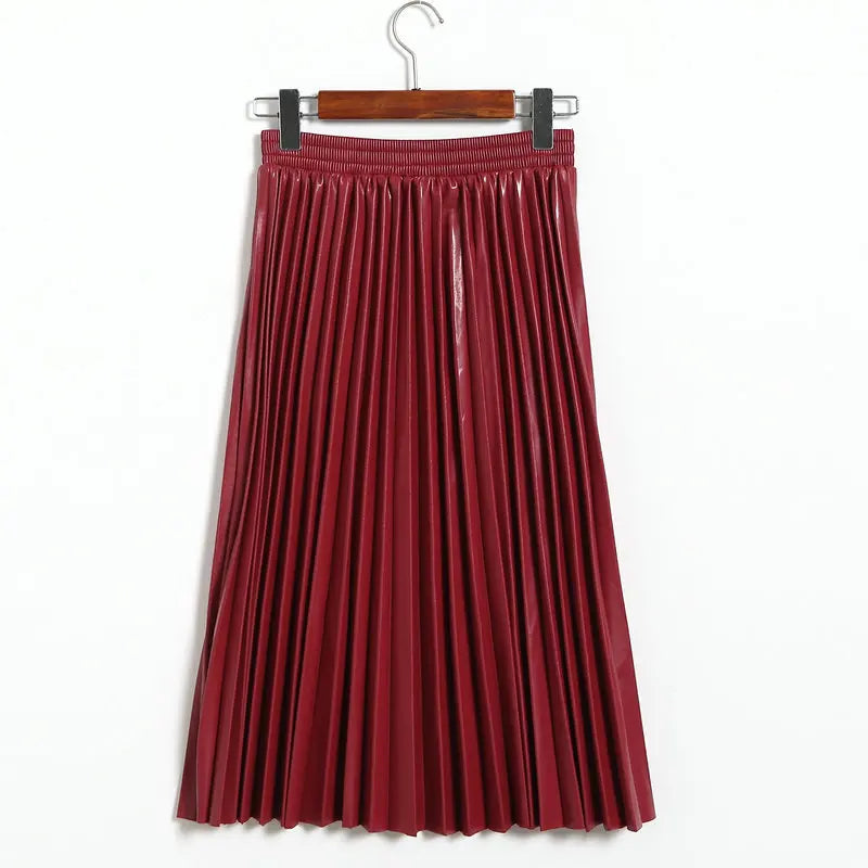 Autumn Winter Women Midi-Calf PU Leather Elastic Waist Pleated Skirts Office Ladies High Waist A-Line Harajuku Midi Skirts