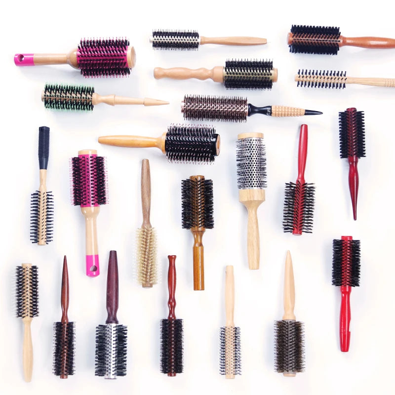 BOOMHOME Comb for Curly Hair Rorund Brush Styling Professional Hair Dryer Brush Boar Bristle Roll Wood Round Curly Hair Brush
