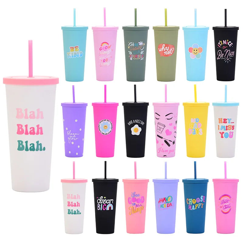 BORGE 700ml New Creative Pattern Straw Cup Matte Tumbler Reusable Straw Cup With Lid