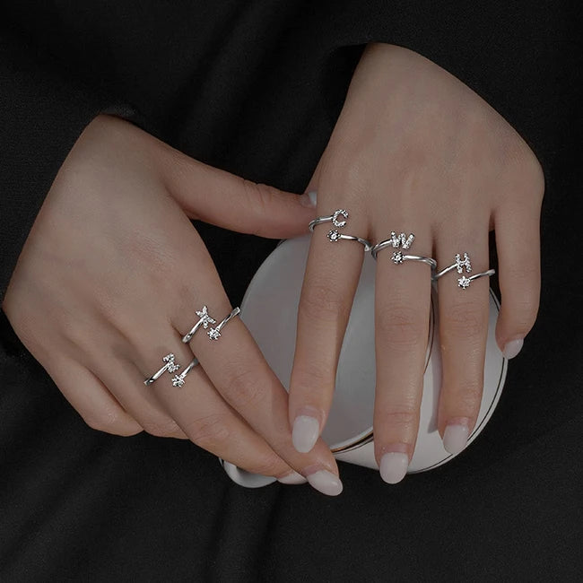 925 Sterling Silver Ring Adjustable Letter Finger Rings for Girls