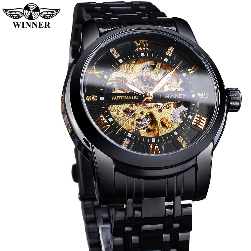 Winner Automatic Watch Waterproof Stainless Steel Skeleton Mechanical Men Watches Luxury Luminous Man Wristwatch Custom logo