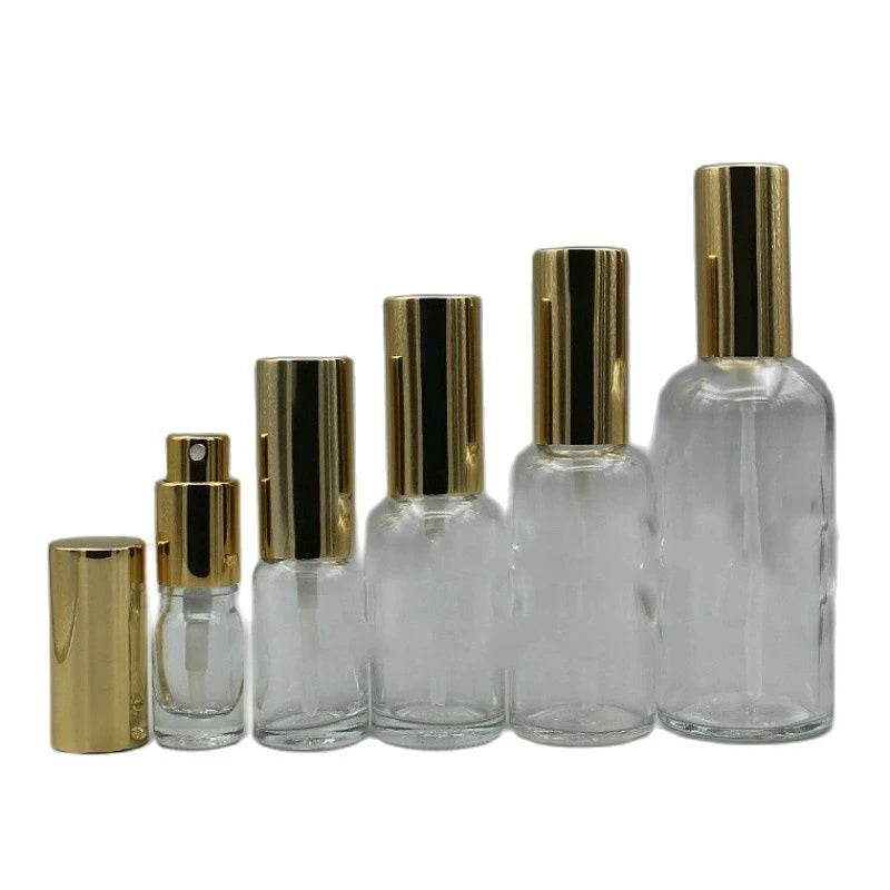 Empty Transparent Glass Bottle Gold Mist Spray Lotion Pump for Cosmetics Emulsion Toner Packaging 100ml 50ml 30ml 20ml 15ml 10ml