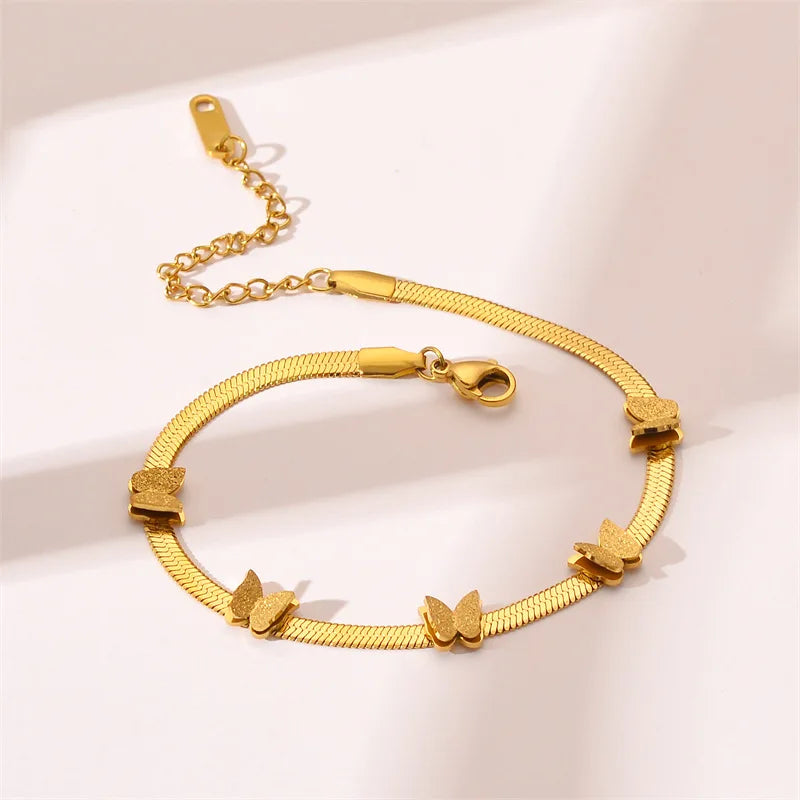 Luxurious Adjustable 18K Gold Plated Stainless Steel Chunky Snake Chain Bracelet Frosted Surface Butterfly Bracelet