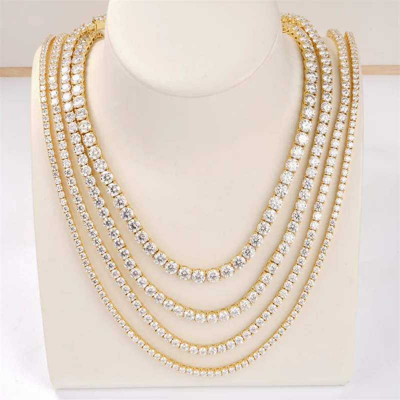 Starsgem HipHop Jewelry S925 Silver Plated Gold Moissanite Tennis Necklace