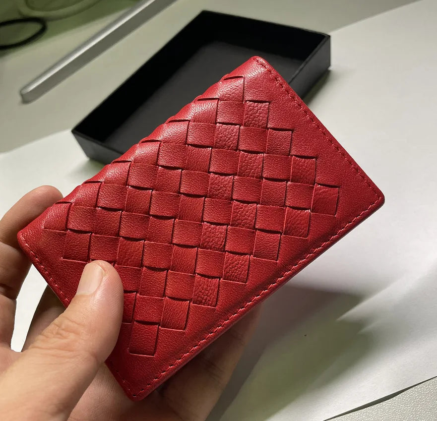 Small Elegant Coffee Sheepskin Pure Soft Leather Woven Card Bags Card Pocket Cardbag