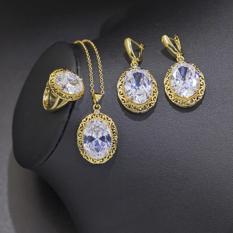 White Zircon Gold Plated Earring Ring Necklace And Pendant Fashion Jewelry Set For Women Wedding Party Gift