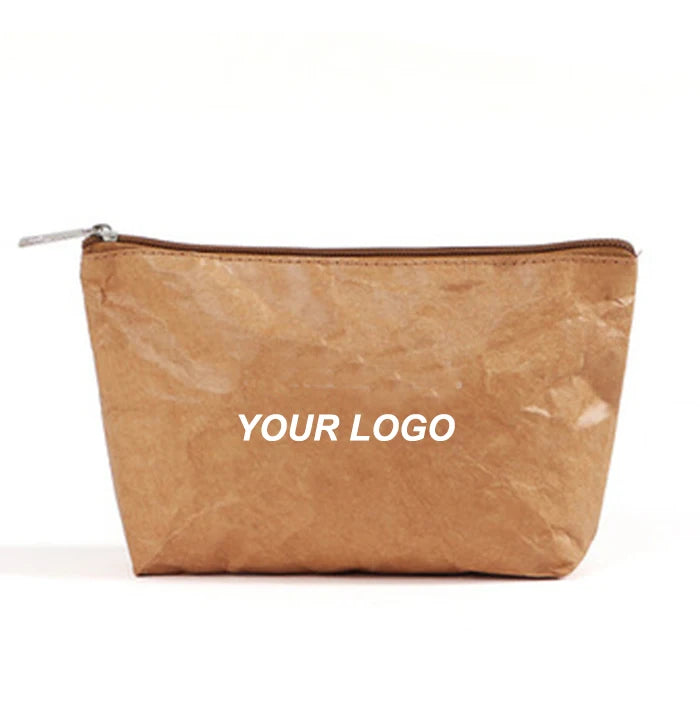 Custom Logo Eco-Friendly Tyvek Travel Cosmetic Pouch Bag Washable Kraft Paper with Letter Pattern for Makeup Storage