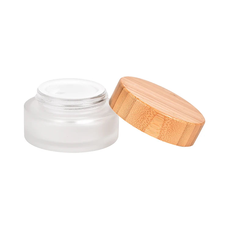 Frosted 50ml Recyclable Skincare Cosmetic Glass Jar with Bamboo Lid for Face Cream