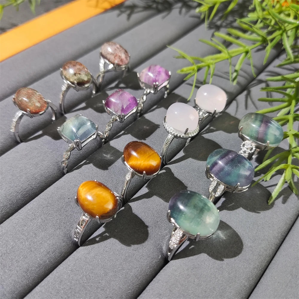 Jewellery Stones 925 Silver Plated Prong Set Oval Gemstone Simple Finger Rings Nautral Phantom Quartz Fluorite Crystal for Women