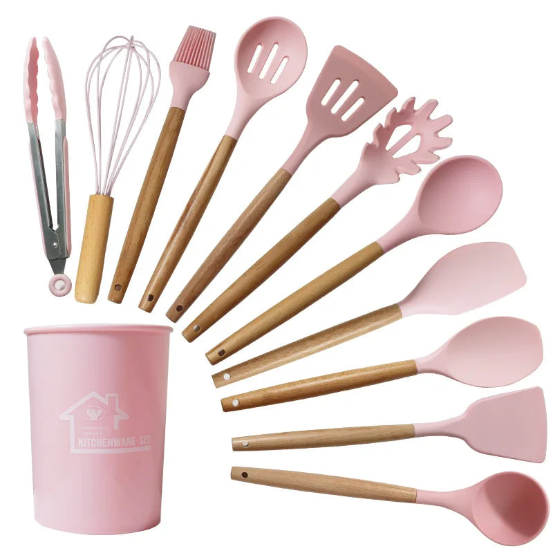 12 PCS Nonstick Silicone Kitchen Utensil Set 800g Wholesale Food-Grade Wooden Handle Eco-Friendly Dishwasher Safe Baking Cooking