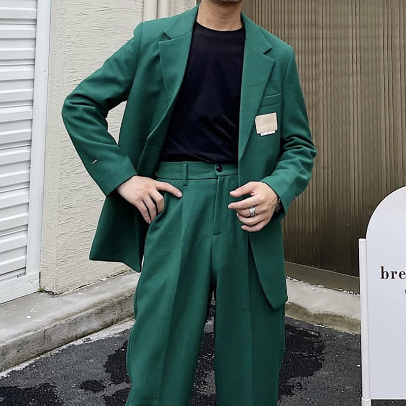 Wholesale Retro Micro Loose Green Suit for Men Double Breasted Mens Business Formal Suits Set