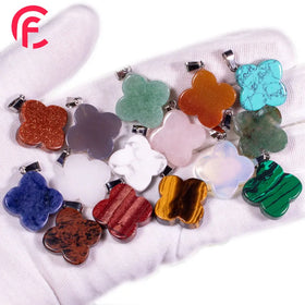 Natural Crystal Stone Clover Stainless Steel Pendant Rose Quartz Lucky Four Leaf Clover Necklace Gemstone Jewelry