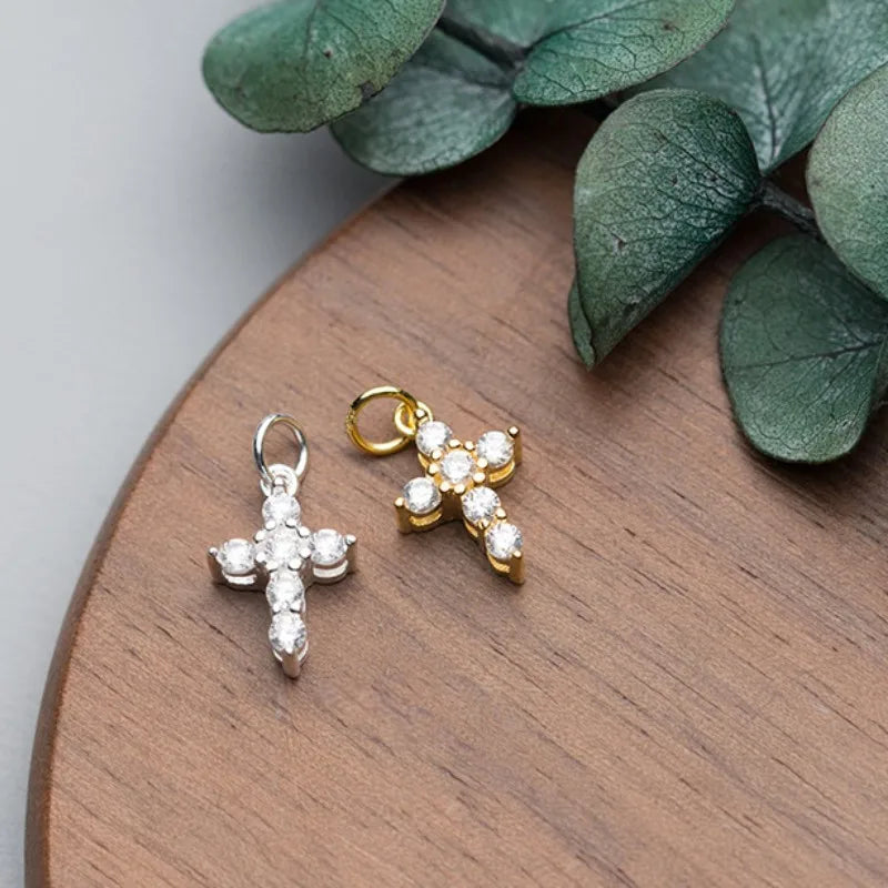 Cute Pendant 925 Sterling Silver Inlaid Zircon Gold Plated Cross Charm for DIY Jewelry Bracelet Necklace Making