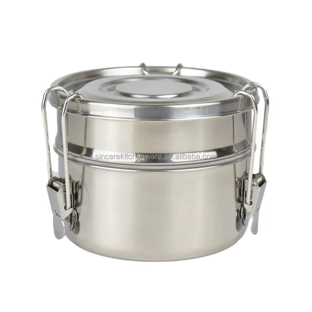 2 Tier Bento Lunch Box Leak Proof Stainless Steel Food Storage Container with Lock Round Lunch Box for Kids