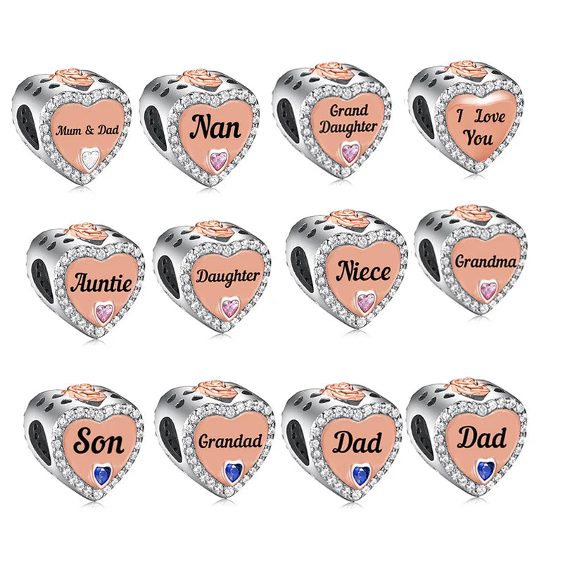 New Arrival Quality 925 Sterling Silver Rose Flower Heart Zircon Mum I Love You Beads Charms for Style Jewelry Making