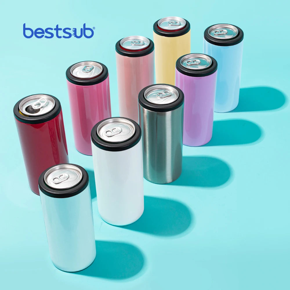 Bestsub Wholesale Custom Logo 12oz 350ml Silver Sublimation Can Coozies Tumbler Insulated Stainless Steel Skinny Can Cooler